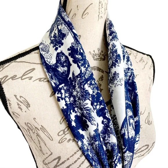 Floral Satin Square Scarf Blue White 35" Head Hair Neck Bandana Preppy New - Picture 11 of 17